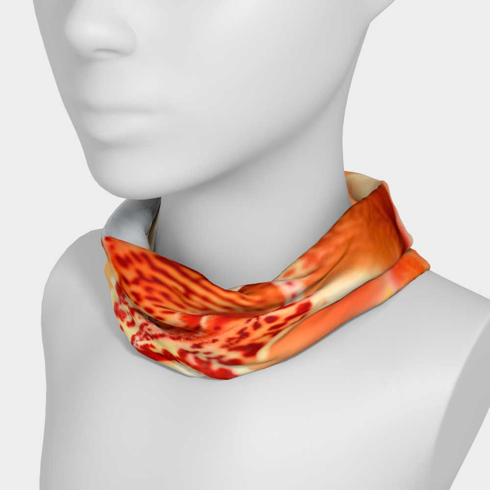 Bright orange stretch floral headband shown as neck scarf on white mannequin.