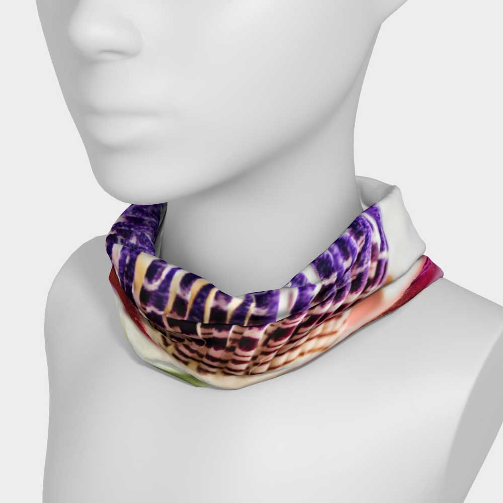 Purple and white passionflower on stretch floral headband worn as neck scarf on white mannequin.