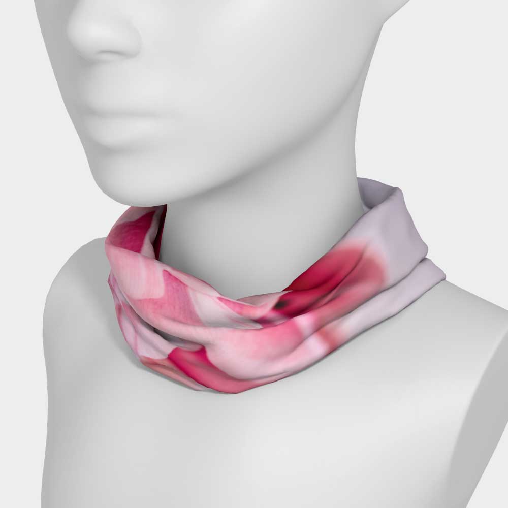Stretch headband on white mannequin worn as neck scarf; a macro view of a tulip is highlighted. 