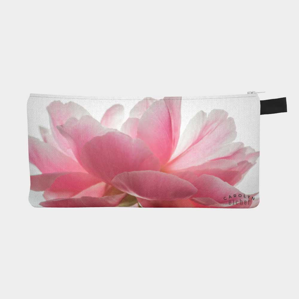 Zippered pouch with close-up image of light pink peony flower, front view