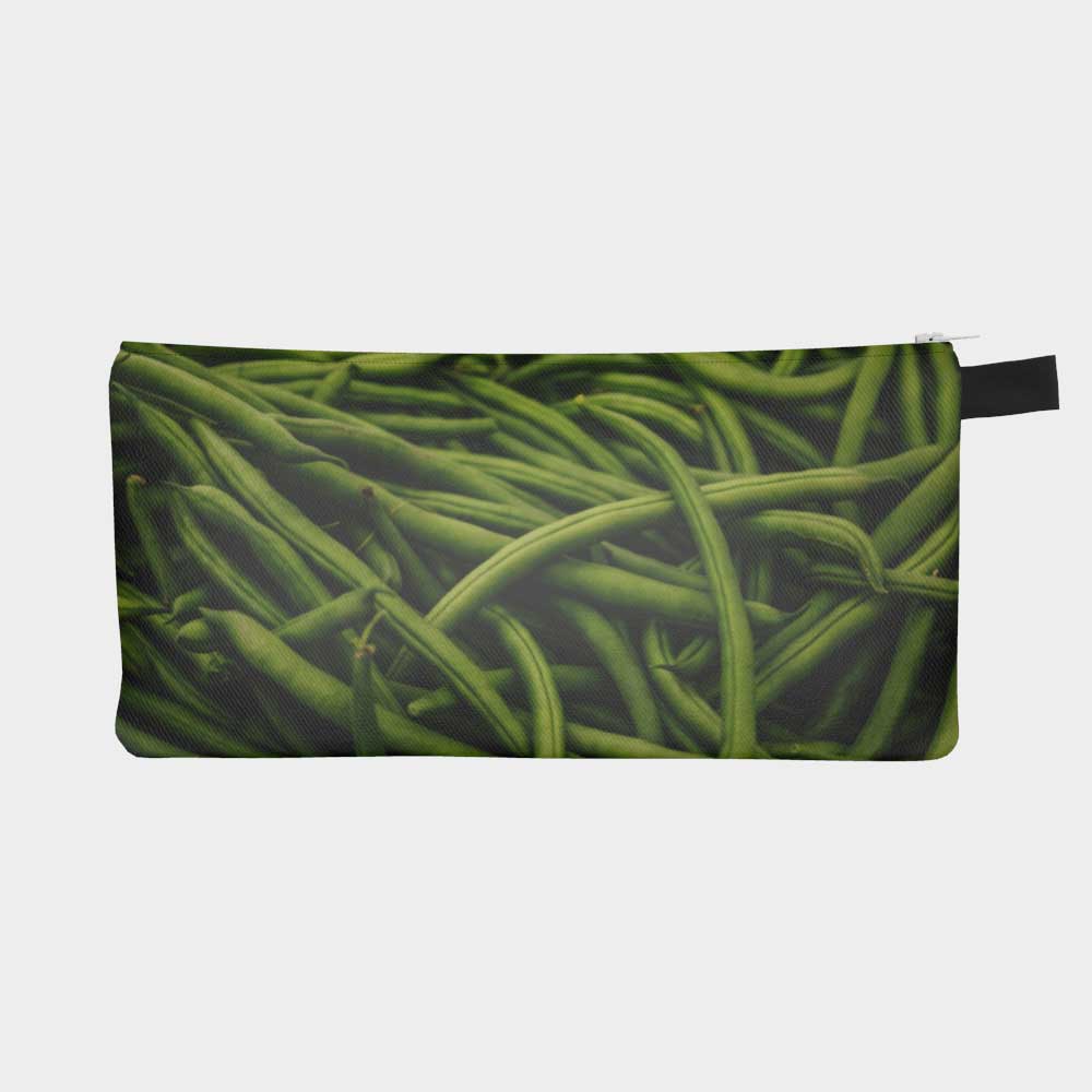 Close-up of zippered pouch with green beans from the farmers' market.